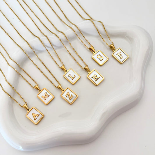 SS Rectangle Natural Shell Initial Necklace