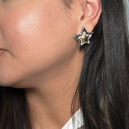 Two Tone Big Star Studs Earrings