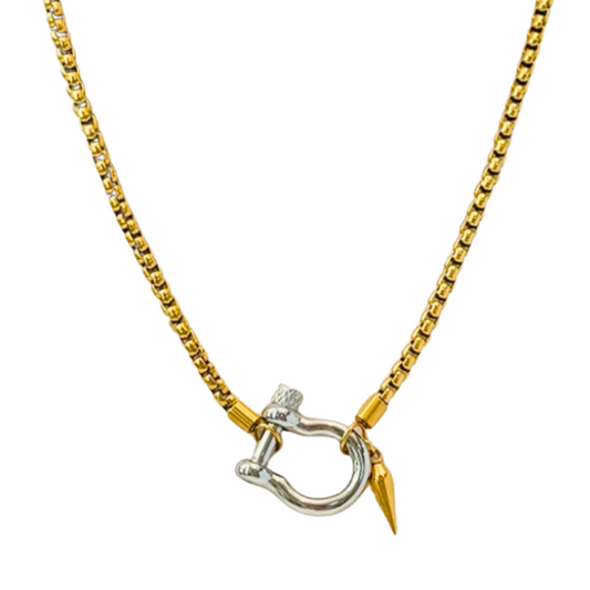 Two Tone Silver Shackle & Spike Pendant Necklace