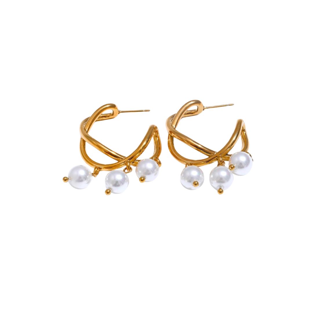 Three Pearls Chic Hoops Studs