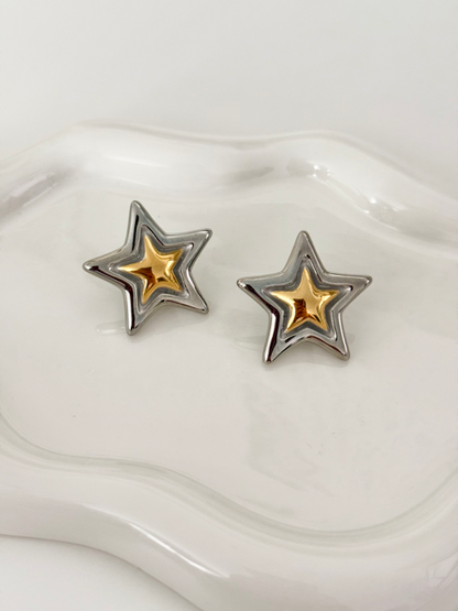 Two Tone Big Star Studs Earrings